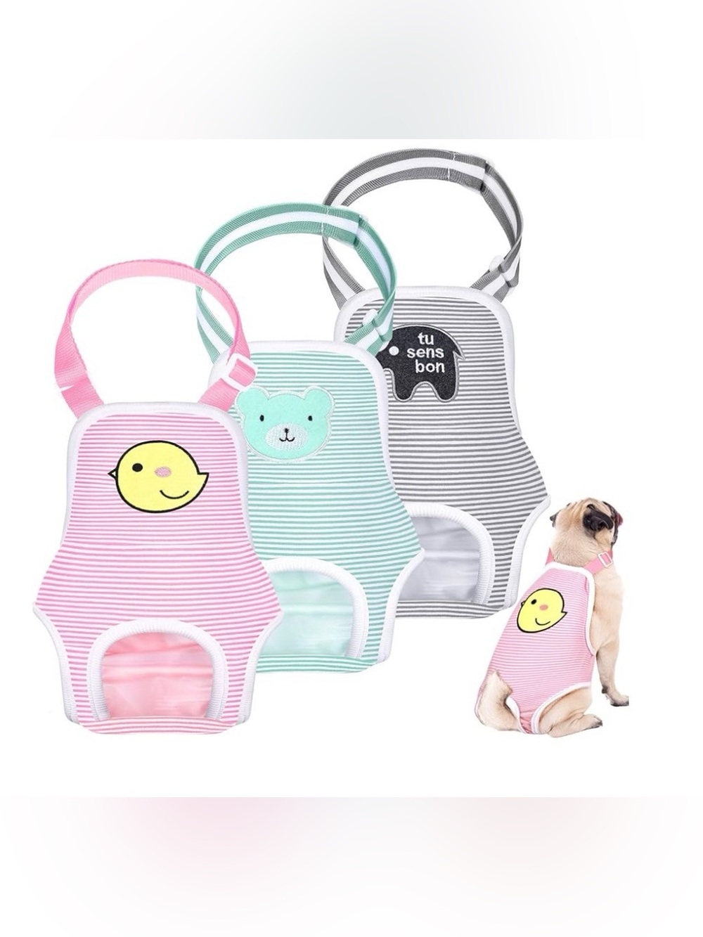 Striped Smiley Dog Harness reusable diaper - Pink, Mint & Gray- Large